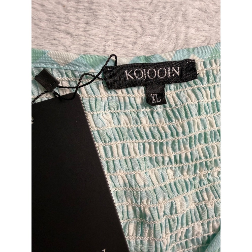 KOJOOIN Gingham Smocked Maxi Dress Ruffle Sleeve Tiered Mint Green XL - Picture 7 of 8